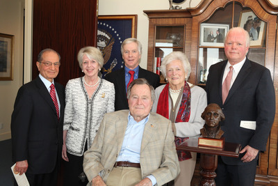 George Washington's Mount Vernon has awarded former President George H.W. Bush a new honor, the Cyrus A. Ansary Prize for Courage and Character. From left to right: Cyrus A. Ansary; Mount Vernon Regent Barbara Lucas; Ambassador Ryan C. Crocker, Dean, The George Bush School of Government and Public Service at Texas A&M University; President H.W. Bush; Former First Lady Barbara Bush; Mount Vernon President Curt Viebranz.