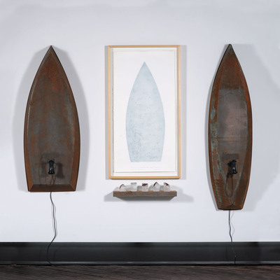 Skiff/Trow interactive boat sculptures. Viewer hears roaring river. Print made by river rocks on copper plate. Cast glass houses of copper and wood all by Lawrence LaBianca, photo by Tom Grotta