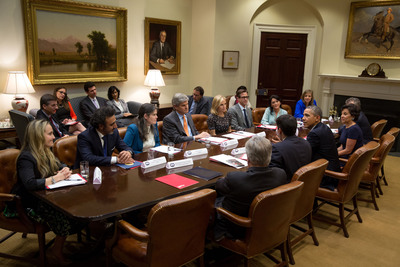 Hamdi Ulukaya, Chobani founder and CEO, meets with President Obama at the White House alongside other newly appointed Presidential Ambassadors for Global Entrepreneurship members.
