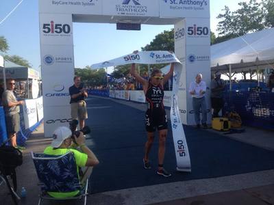 Sarah Haskins of Clermont, Florida wins her fifth St. Anthony's Triathlon