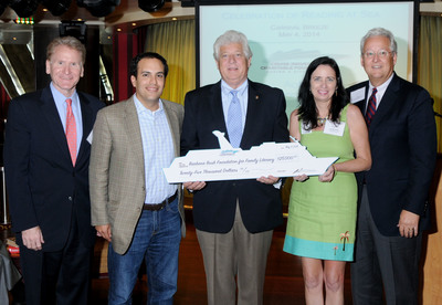 Jim Border, Chairman of the Cruise Industry Charitable Foundation (CICF) presents check to Liza McFadden, President of the Barbara Bush Foundation for Family Literacy:  L to R: Mike McGarry, CICF Executive Director; Jeb Bush, Jr., Barbara Bush Foundation; Jim Border, CICF Chairman; Liza McFadden, President, Barbara Bush Foundation; Tom Dow, CICF Board Member
