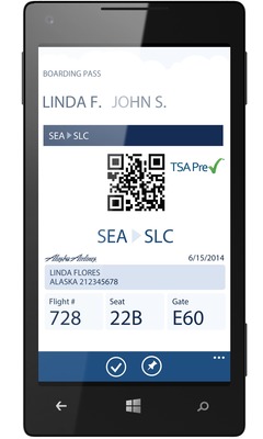 Alaska Airlines' new Windows Phone app enables users to purchase a ticket, track a flight and check-in. The carrier also has native apps for the iPhone and Android devices.
