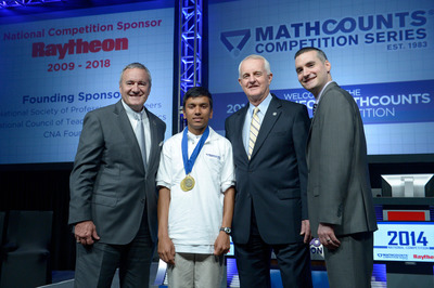 Photo 1 – Raytheon Chairman William H. Swanson (left), MATHCOUNTS Chair, Bob Miller (center), and Executive Director of MATHCOUNTS, Lou DiGioia congratulate Swapnil Garg, an 8th-grader from Sunnyvale, Calif. for taking home the 2014 Raytheon MATHCOUNTS® National Champion title. The competition brings together 224 top middle school Mathletes® from across the United States. 