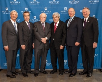 (L to R) Richard Guardino, Jr., Vice President for Business Development, Hofstra University; Alan Cohen, Assistant Vice President for Private Banking, Capital One; Stuart Rabinowitz, President, Hofstra University; Stanley Bergman, Chairman of the Board and Chief Executive Officer, Henry Schein, Inc.; David McDonough, Assemblyman (District 14), New York State; and George Maragos, Comptroller, Nassau County