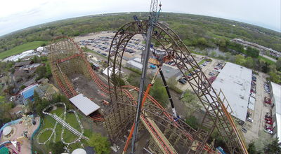 Six Flags Great America tops off near vertical, 85 degree and 180-foot drop on triple-world-record breaking wooden roller coaster, Goliath.