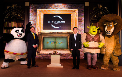 DreamWorks Animation's beloved characters Po from Kung Fu Panda; Shrek; and Alex the Lion from Madagascar, join executives Mr. Clarence Chung Chairman and President of Melco Crown Philippines and Mr. James Clark, Head of Retail Development and Entertainment for Asia Pacific of DreamWorks Animation, at the official announcement of the DreamPlay edutainment center at City of Dreams Manila.