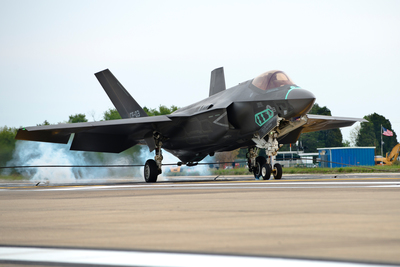 F-35C aircraft CF-3 makes a fly-in arrestment landing at Naval Air Station Patuxent River, Maryland.