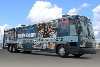 As part of Greyhound’s national Centennial Tour, Greyhound’s mobile museum bus features memorabilia, such as signage, vintage driver uniforms and an entire wall of history where guests can see Greyhound’s transformation over the years, as well as view videos via interactive touchscreen displays.