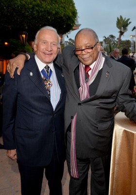 (left to right) Buzz Aldrin and Quincy Jones celebrate the launch of Etihad Airways' new daily service between Abu Dhabi and Los Angeles at glittering gala in Beverly Hills.