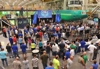 Spirit AeroSystems employees gather at the company's Wichita, Kan. facility to celebrate 5,000 Next-Generation 737 deliveries to The Boeing Company.