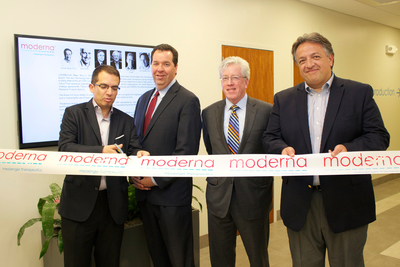 Moderna Therapeutics, the pioneer in developing messenger RNA Therapeutics(TM), expanded its headquarters, including laboratories, Moderna Venture Incubator and manufacturing, on June 11, 2014 to 320 Bent St. in Cambridge, Mass. Pictured from left to right: Stephane Bancel, President and founding CEO, Moderna Therapeutics; Angus McQuilken, Vice President, Massachusetts Life Sciences Center; John Hallinan, Chief Business Officer, MassBio; Noubar Afeyan, Co-founder and Chairman, Moderna Therapeutics...