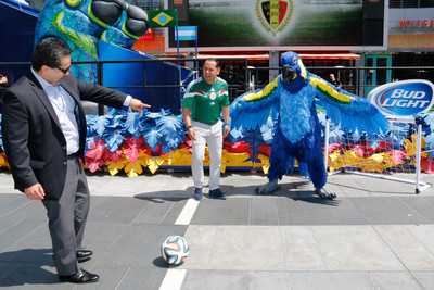 Los Angeles, June 17, 2014 - President and CEO of the Hispanic Scholarship Fund, Fidel A. Vargas, kicks a ceremonial $100,000 goal to launch the Bud Light donation of one university scholarship to HSF for each goal scored during the 2014 FIFA World Cup.
