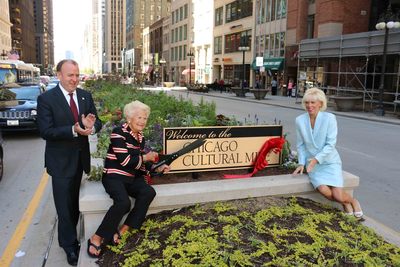 Alderman Brendan Reilly (42nd Ward) joins Chicago Cultural Mile Association board members Dawn Davis and Caryl Pucci Rettaliata at ribbon cutting ceremony at Michigan Ave. & Wacker Dr.
