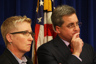 Therese M. Stewart (left), chief deputy city attorney of San Francisco, is poised to become the first out lesbian justice on the California Court of Appeal. Here, Stewart and San Francisco City Attorney Dennis Herrera (right) take questions at a June 16, 2010 press conference following closing arguments in Prop 8 federal case in U.S. District Court in San Francisco. Stewart argued for the City & County of San Francisco to strike down the controversial anti-LGBT law.