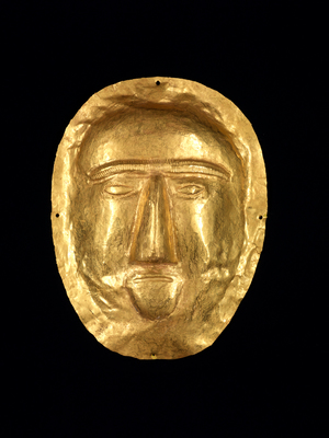 Funerary Mask, 1st century CE. Saudi Arabia; Thaj, Tell al-Zayer. Gold. Courtesy of National Museum, Riyadh, ELS2012.8.231.