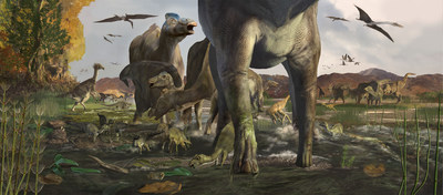 A trio of paleontologists announced the discovery of a tracksite in Alaska's Denali National Park filled with duck-billed dinosaur footprints that demonstrate the animals lived in multi-generational herds and thrived in the ancient high-latitude, polar ecosystem. The findings have been published in Geology, the flagship journal of the Geological Society of America (GSA). Casts of the tracks are on view at the Perot Museum of Nature and Science, Dallas, Texas. ILLUSTRATION BY KAREN CARR
