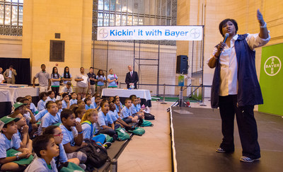 NASA Astronaut Dr. Mae Jemison, the first African American female astronaut to orbit the Earth, speaks with NYC Police Athletic League summer campers on July 9, 2014, at Grand Central Terminal in New York City. Dr. Jemison later conducted hands-on Bayer Making Science Make Sense(R) experiments with the summer day camp students from the city-s neediest neighborhoods.
