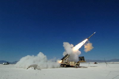 A Lockheed Martin PAC-3 missile blasts out of its launcher during a test at White Sands Missile Range, New Mexico.