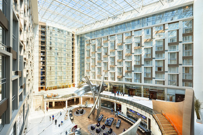 The interior of the Washington, D.C., Marriott Marquis features a football field-sized skylight and a five-story sculpture named "The Birth of the American Flag," which was created by Baltimore-based artist Rodney Carroll. (Photo by Josh Meister)