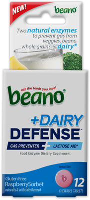 New Beano(R) + Dairy Defense(TM) is the first over-the-counter option that prevents both gas and dairy issues, giving women the freedom to eat the foods they want without worrying about the uncomfortable symptoms they can cause. It contains two natural enzymes that help the body break down potential "problem foods" such as vegetables, beans, whole grains and dairy, combining the gas prevention of Beano(R) with a natural lactose aid for double protection. Now available at drug, grocery, and other retailers nationwide including Walgreens and Rite-Aid. For more information, visit www.beanogas.com.