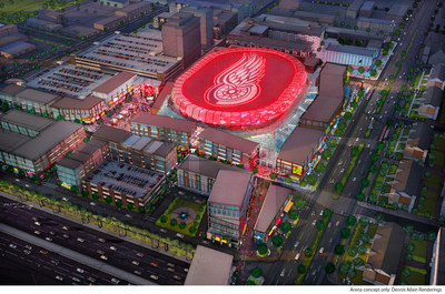 New Detroit arena conceptual drawing -- aerial view.