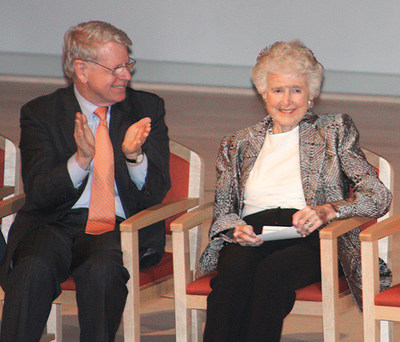 Edith O’Donnell, with UT Dallas President David E. Daniel, has been a longtime patroness of the arts and education.