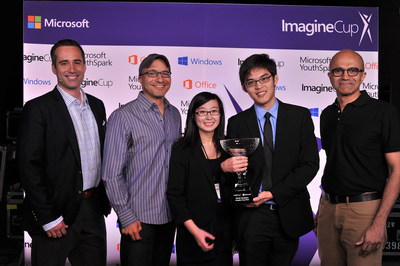 Microsoft CEO Satya Nadella awards Imagine Cup World Champion team Eyenaemia from Australia along with Erick Martin, general manager of Reddit.com and Hadi Pavarti, co-founder of Code.org.