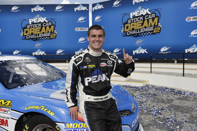Christian PaHud celebrates in Victory Lane after winning the PEAK Stock Car Dream Challenge in Charlotte, North Carolina