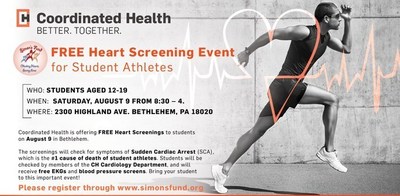 Coordinated Health -- Greater Lehigh Valley's Premier Sports Medicine Provider -- Partners With Simon's Fund To Offer Free Youth Heart Screenings Tomorrow