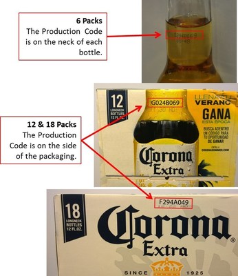 How to locate Production Codes on affected Corona Extra 12-ounce clear glass bottles and packaging. Cómo localizar códigos de producción en los paquetes y botellas de vidrio transparente de Corona Extra de 12 onzas.