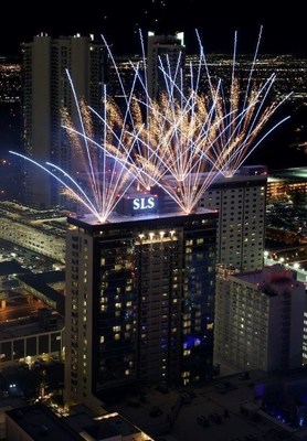 Fireworks fill the sky above SLS Las Vegas prior to Saturday’s midnight opening.