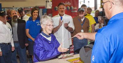 Mary Ogg purchases first WyoLotto tickets at Holiday Station in Sheridan, Wyoming.
