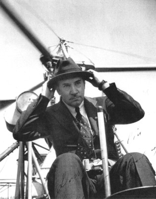 Igor Sikorsky in a variant of the VS-300 helicopter. The VS-300 aircraft resides at The Henry Ford in Dearborn, Michigan.