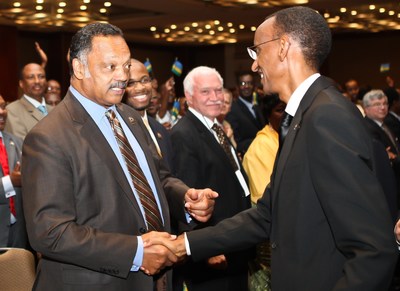Rwanda President Paul Kagame greets Rev Jesse Jackson during Rwanda Day event in Chicago - 11 June 2011