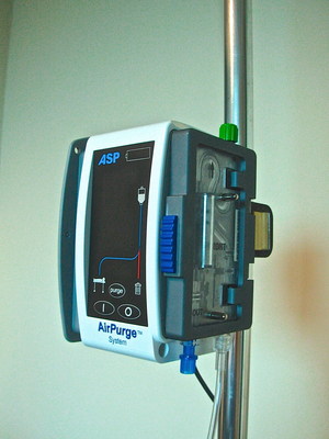 The AirPurge, Innovative Air Bubbles detection and Automatic removal System for use with Intravenous (IV) lines in the OR or PACU hospital environments. It can be used by itself or with Fluid Warmers.
