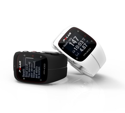 Polar M400 GPS running watch with built-in activity tracker available in black and white