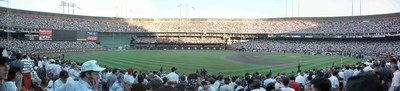A panorama view inside Candlestick Park moments after the Loma Prieta earthquake struck. Photo by Jon Leonoudakis