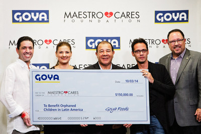 Goya Foods Donates $150,000 to Marc Anthony's Maestro Cares Foundation to help build a new orphanage in Barranquilla, Colombia.  Bob Unanue, President of Goya and Frank Unanue, President of Goya Florida present Marc Anthony and Henry Cardenas, Co-Founders of Maestro Cares with the check in Miami, Florida.