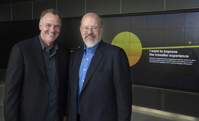 Mike Rhodin, Senior Vice President, IBM Watson Group and Terry Jones, founder of Travelocity and founding chairman of Kayak.com, announce the launch of WayBlazer, the first Cognitive app in the travel space powered by Watson on October 7.