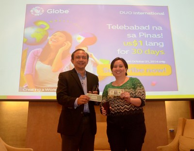Leading the announcement for Globe Duo International $1 promo are Globe Executive Vice President and Chief Operations Officer Gil Genio and Globe International Business Group Marketing Director Carmina Villo.