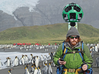 Penguins, walrus, and ice - oh my!  Lindblad Expeditions-National Geographic & Google Street View launched Imagery of South Georgia & the Falkland Islands collected on a Lindblad Expedition on board National Geographic Explorer. Pictured here, Lindblad Expeditions' videographer treks Right Whale Bay, South Georgia Island.