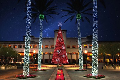 This four-story musical tree at the Fairmont Scottsdale Princess in Arizona is set with 67,000 LED lights that twinkle and dance to 12 different songs, setting the stage for a Princess Express Train ride through Lagoon Lights, a fantasy land with more than 2 million lights along the water.