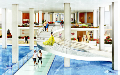 Grand lobby staircase and water promenade at Four Seasons Resort O'ahu at Ko Olina.