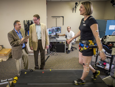 David A. Brown, PT, Ph.D. UAB Professor and Program Director Ph.D., in Rehabilitation Science and Robert Hergenrother, Ph.D., Director of AIMTech, work with a UAB graduate student to test an instrumented treadmill for gait and balance rehabilitation under development by AIMTech, the UAB/Southern Research Institute medical technology group. This medical device is designed to help rehabilitate patients with balance and walking impairments caused by neural trauma, such as stroke or spinal cord injuries.