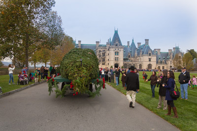 About 2,500 people gathered at Biltmore in Asheville, N.C. Wednesday, Nov. 5 to watch as employees and Santa delivered the official Biltmore Christmas tree, a 34-foot-high Fraser fir, and installed it inside the Banquet Hall. The annual "tree raising" kicks off the Christmas season at Biltmore that starts Friday, Nov. 7 and continues through Jan. 11. Media information can be found at http://www.biltmore.com/media/kit/christmas-at-biltmore.