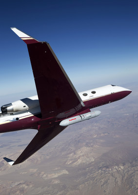 An early version of Raytheon's Next Generation Jammer pod flies on a Gulfstream test bed over the range at Air Naval Station China Lake during a flight test on October 16th. The test was conducted to prove out the maturity of critical technologies in a representative environment against real-world threats.