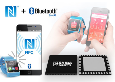 The new Toshiba TC35670FTG is a low power consumption, dual-capability IC that supports both Bluetooth Low Energy (BLE) and NFC Type 3 Tag functions. The chip is designed for use in Bluetooth Smart devices such as touch-and-start smartphone accessories and wearable healthcare devices.