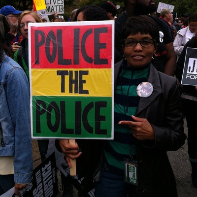 This "Police the Police" poster was carried by Beverly Adams, of University City, Mo., during a protest in October. The poster is among the items Shahid acquired for the Newseum's collection.