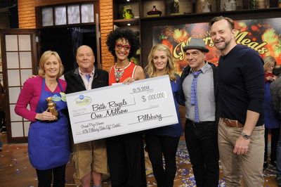 Beth Royals was named the grand prize winner of the 47th Pillsbury Bake-Off(R) Contest on ABC's "The Chew" on December 3, 2014. Royals poses with her golden Doughboy(TM) statuette and the daytime program's co-hosts (l-r) Mario Batali, Carla Hall, Daphne Oz, Michael Symon and Clinton Kelly.