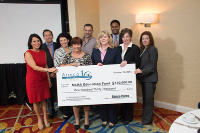 NLHA Executive Director Denise Muha (center left) receives a ceremonial check representing Aimco's $130,000 donation for scholarships for students in affordable housing from Aimco Director of Communications Cindy Lempke (center right). They were joined by tournament sponsors Christine Espenshade of Jones Lang LaSalle, and Jodi Killar and Zakk Adouma of Apartment Guide, along with D.C. area Aimco team members.